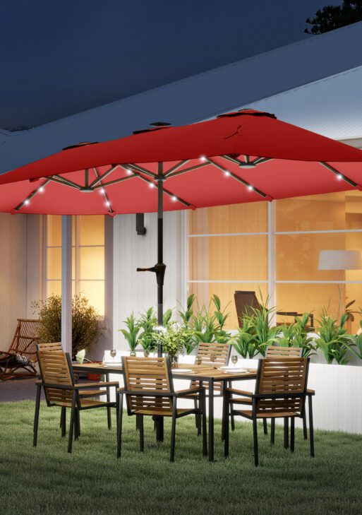 13ft Double-Sided Market Umbrella, Large Patio Umbrella with Solar Lights, Crank Handle for Garden, Pool, Yard, Wine Red