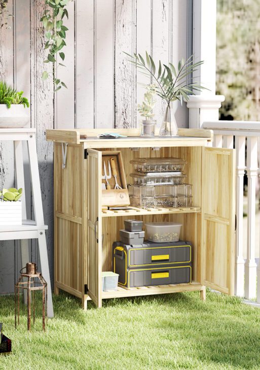 Outdoor Storage Cabinet, Garden Tool Shed with Metal Tabletop, Shelf, Wooden Potting Bench with 2 Doors, Natural Wood