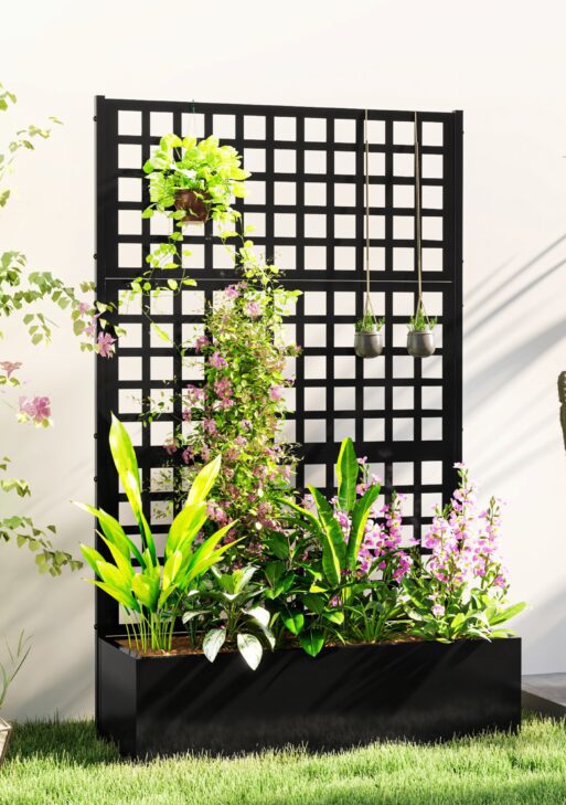 Galvanized Raised Garden Bed Planter Box with Trellis for Climbing Plants, Vegetable, Vines, 43" x 16" x 70", Black