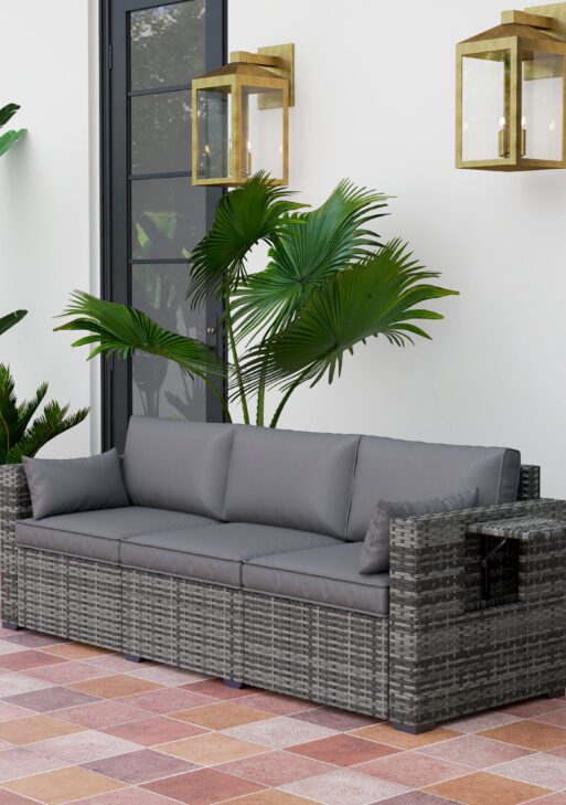 3 Seater Wicker Sofa with Side Trays, Outdoor Patio Couch with 6" Thick Back Cushions, Deep Seating, Mixed Gray
