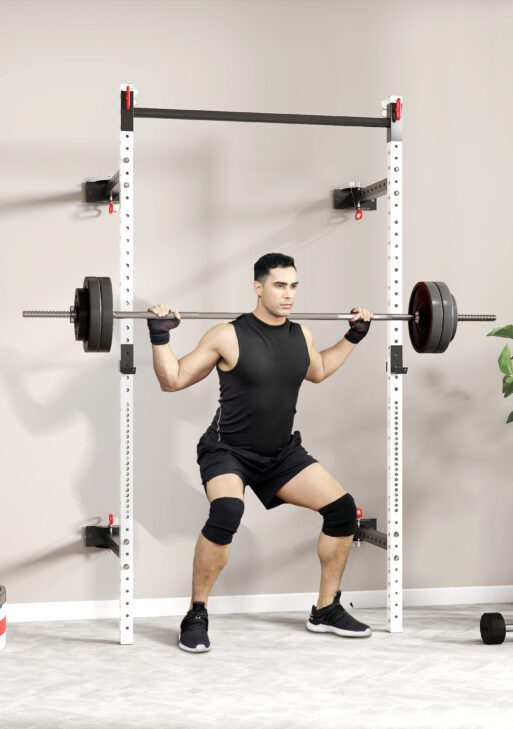 Folding Squat Rack with Pull Up Bar, Wall Mounted and Adjustable, 1000 Pounds Capacity Power Rack, White