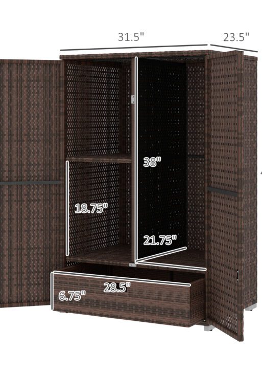 Outdoor Storage Cabinet with Shelves, Rattan Pool Towel Storage Cabinet with Removable Shelf & Drawer, Mixed Brown