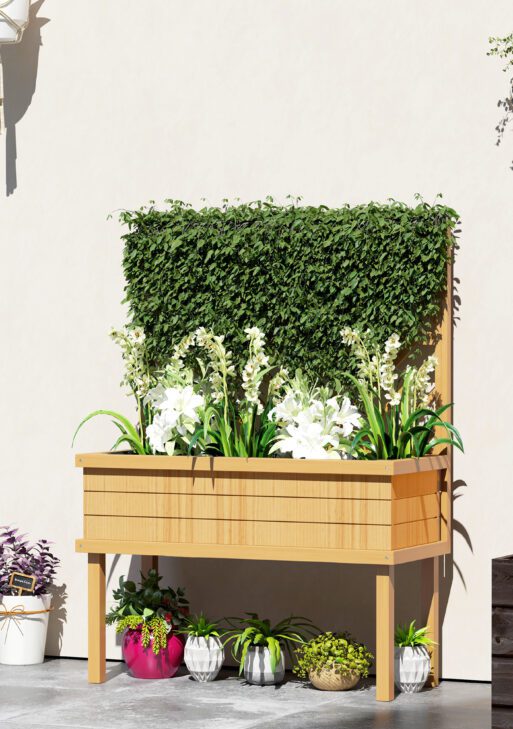 Elevated Wood Planter with Trellis for Climbing Plants, Raised Garden Bed with Legs and Drainage Holes, Natural Wood