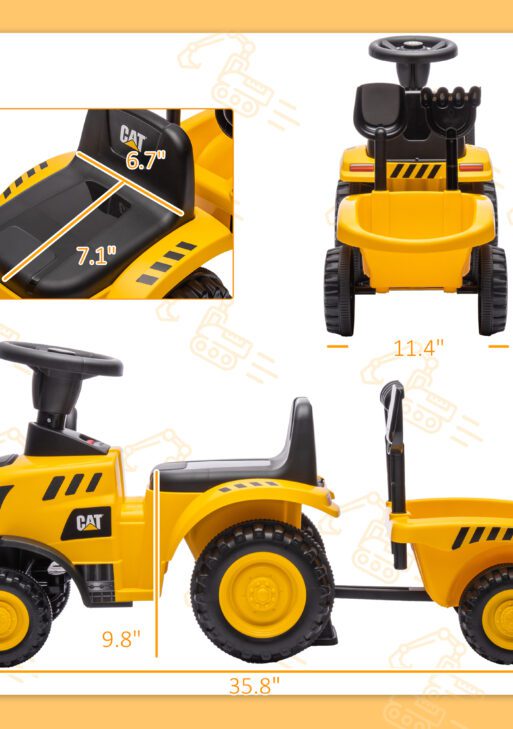 Caterpillar Licensed Ride-On Construction Toy with Shovel & Trailer, No Power Ride-on Tractor for 18-36 Months