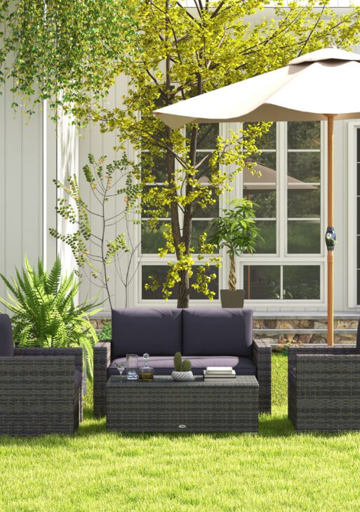 4 Pieces Rattan Sofa Set Wicker Patio Sofa Set with Loveseat Chairs Glass Top Coffee Table for Garden Outdoor Gray