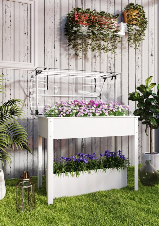 Elevated Garden Box with Greenhouse Cover, Raised Garden Bed with Legs and Drainage Hole for Vegetables, White