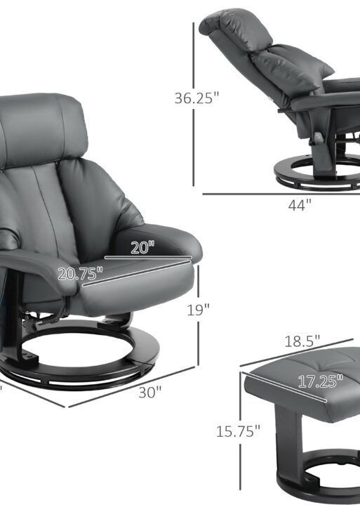 Swivel Recliner with Ottoman, Faux Leather Reclining Chair with Massage, Footstool Remote and Side Pocket, Gray