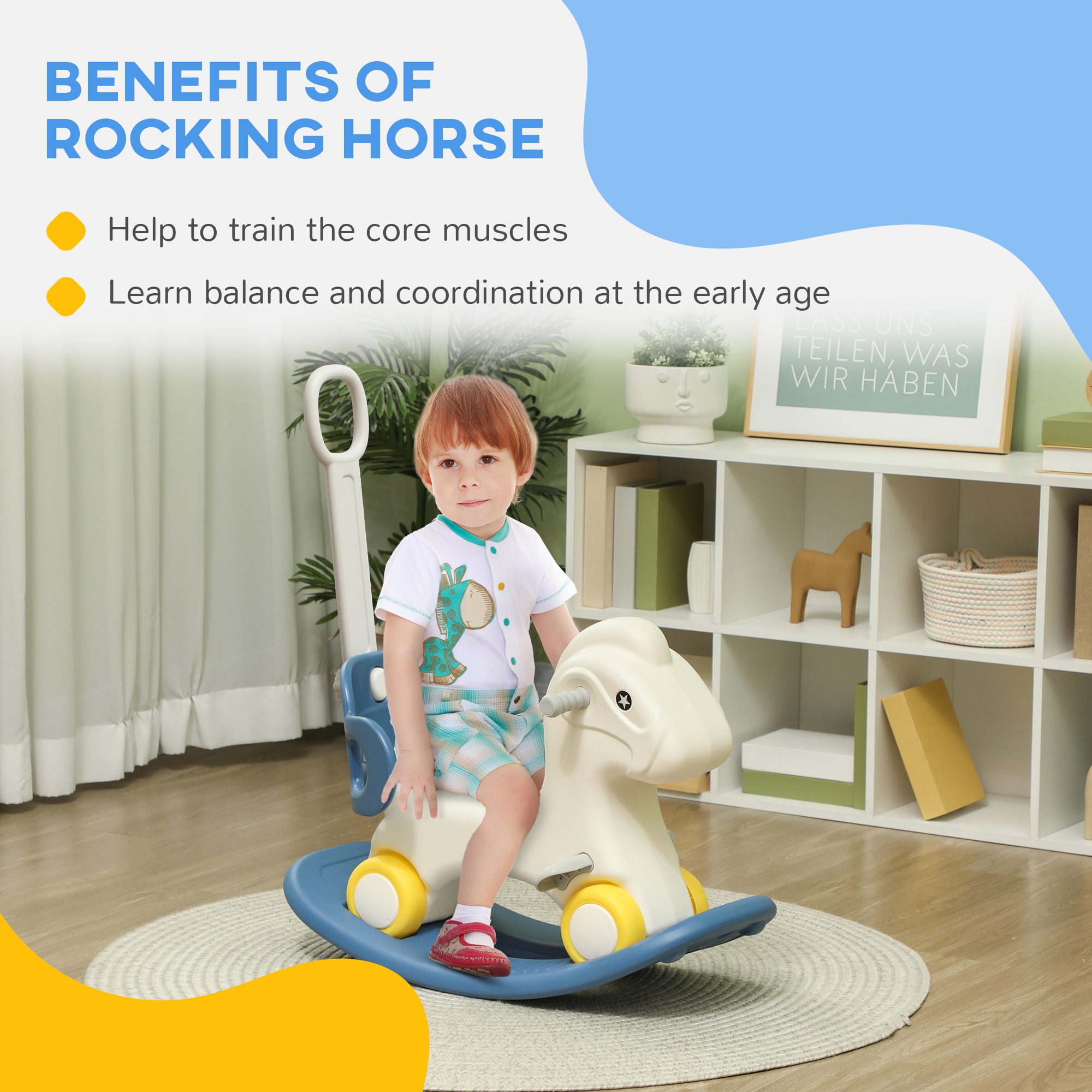 4 in 1 Rocking Horse for Toddles 1-3 Years with Detachable Push Handle & Balance Board, Blue - Image 3