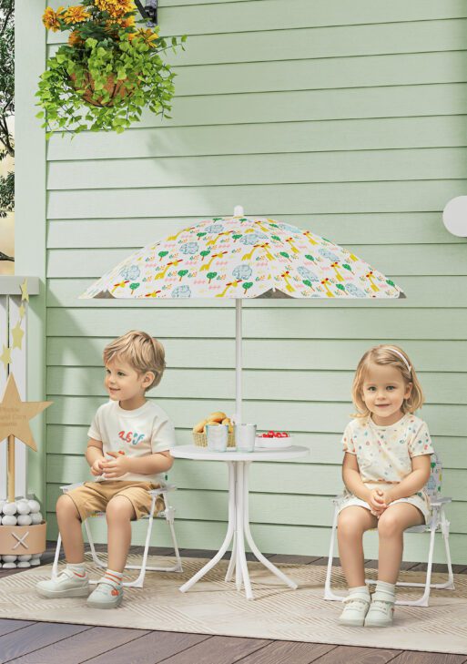 Kids Picnic Table and Chair Set, Outdoor Activity Table with Foldable Chairs, Removable Umbrella for Backyard, White