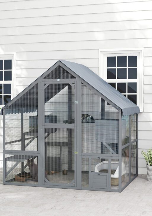 Wooden Catio Outdoor Cat Enclosure with Waterproof Cover, 2 Condos, 4 Platforms, Bridge, Doors, Gray