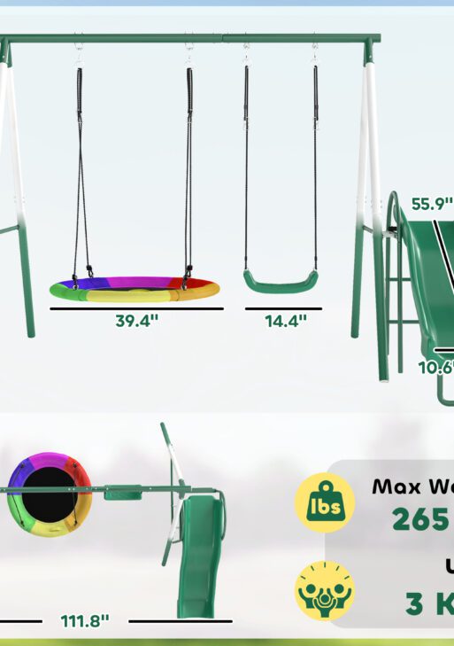 Metal Swing Set with Slide, Saucer Swing Seat, Heavy Duty A-Frame Stand and Adjustable Rope for Backyard, Dark Green