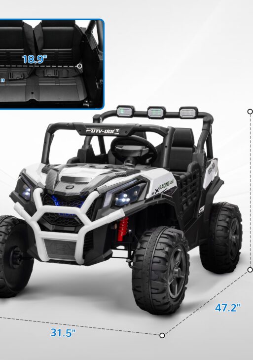 2 Seater 24V Kids Electric Car w/ Remote Control, 3 Speed, LED Lights, Music, Horn, Spring Suspension, Slow Start, White