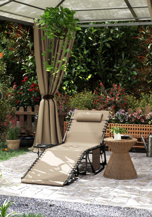 Folding Outdoor Chaise Lounge Chair Tanning Chair with 5-Level Adjustable Back, Side Table, Pillow, Pocket, Beige