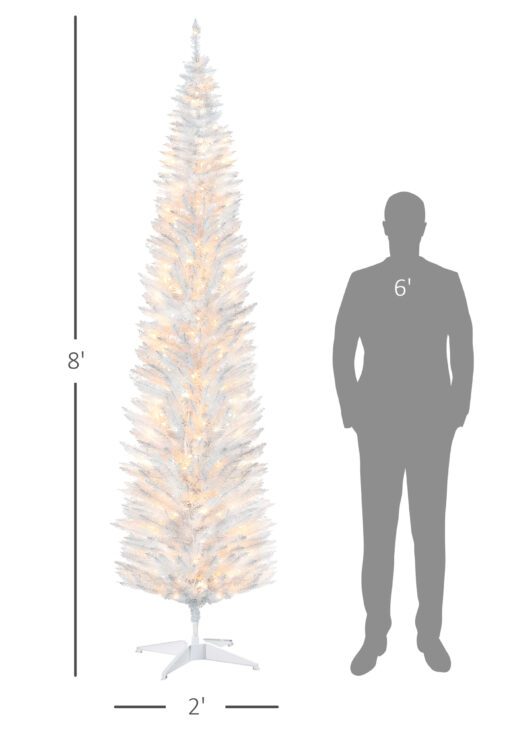 8ft Pencil Christmas Tree, Slim Artificial Christmas Tree with Realistic Branches and Warm White LED Lights, White