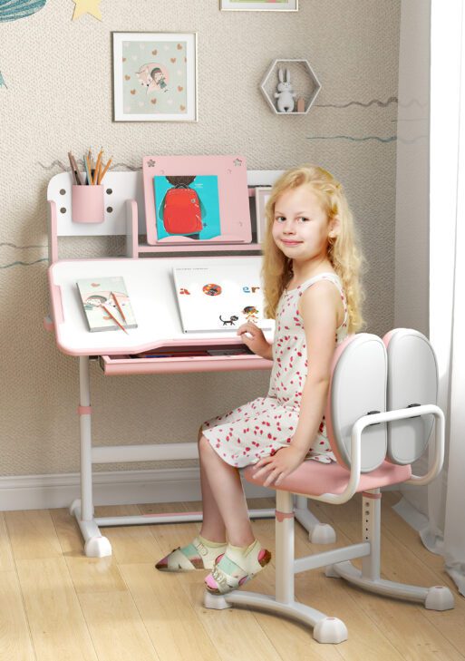 Height Adjustable Kids Desk and Chair Set for Writing Drawing w/ Tilt Desktop, Storage Drawer and Reading Rack, Pink