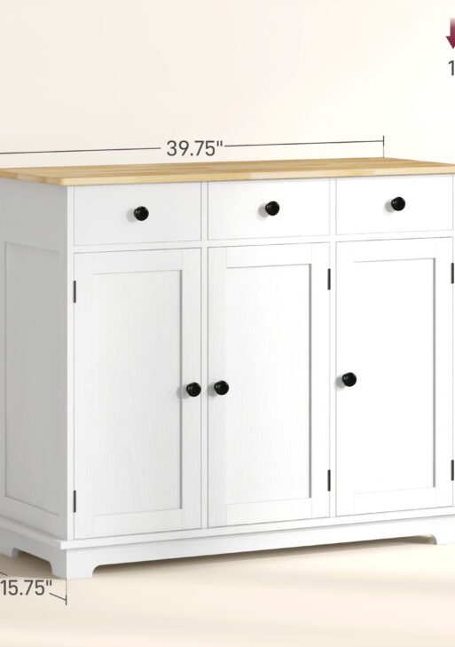 Kitchen Storage Cabinet, Sideboard Floor Cupboard with Solid Wood Top, Adjustable Shelf, and 3 Drawers, White