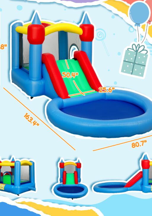 4 in 1 Inflatable Bounce House with Slide, Basketball Hoop, Ball Pit, 370W Blower, Storage Bag, 163" x 81" x 75"