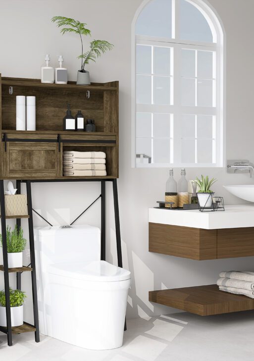 Over the Toilet Storage Cabinet, Over Toilet Bathroom Organizer with 3 Compartments, 4 Open Shelves, Distressed Brown