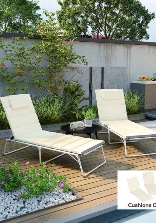 Foldable Chaise Lounge Cushion Set of 2, Outdoor Lounge Chair Cushion Set, UPF50+ 230gsm Olefin, 80" x 26" Cream White