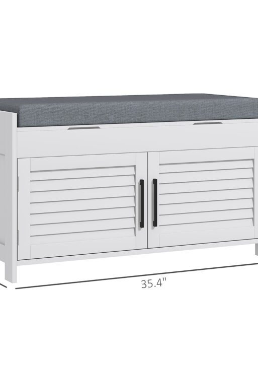 Shoe Storage Bench, Modern Entryway Bench with Cushion, Hidden Compartments, Adjustable Shelves, Shutter Doors, White
