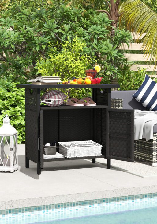 Outdoor Pool Towel Storage Cabinet Organizer, Outdoor Bar Table with Shelf and Cabinet, Pool Towel Holder Pool Valet with Weather-Resistant PE Rattan and Steel Frame, Espresso